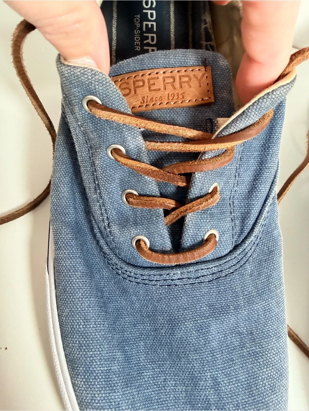 Sperry Denim Blue Canvas Low-Top Sneakers with Brown Laces